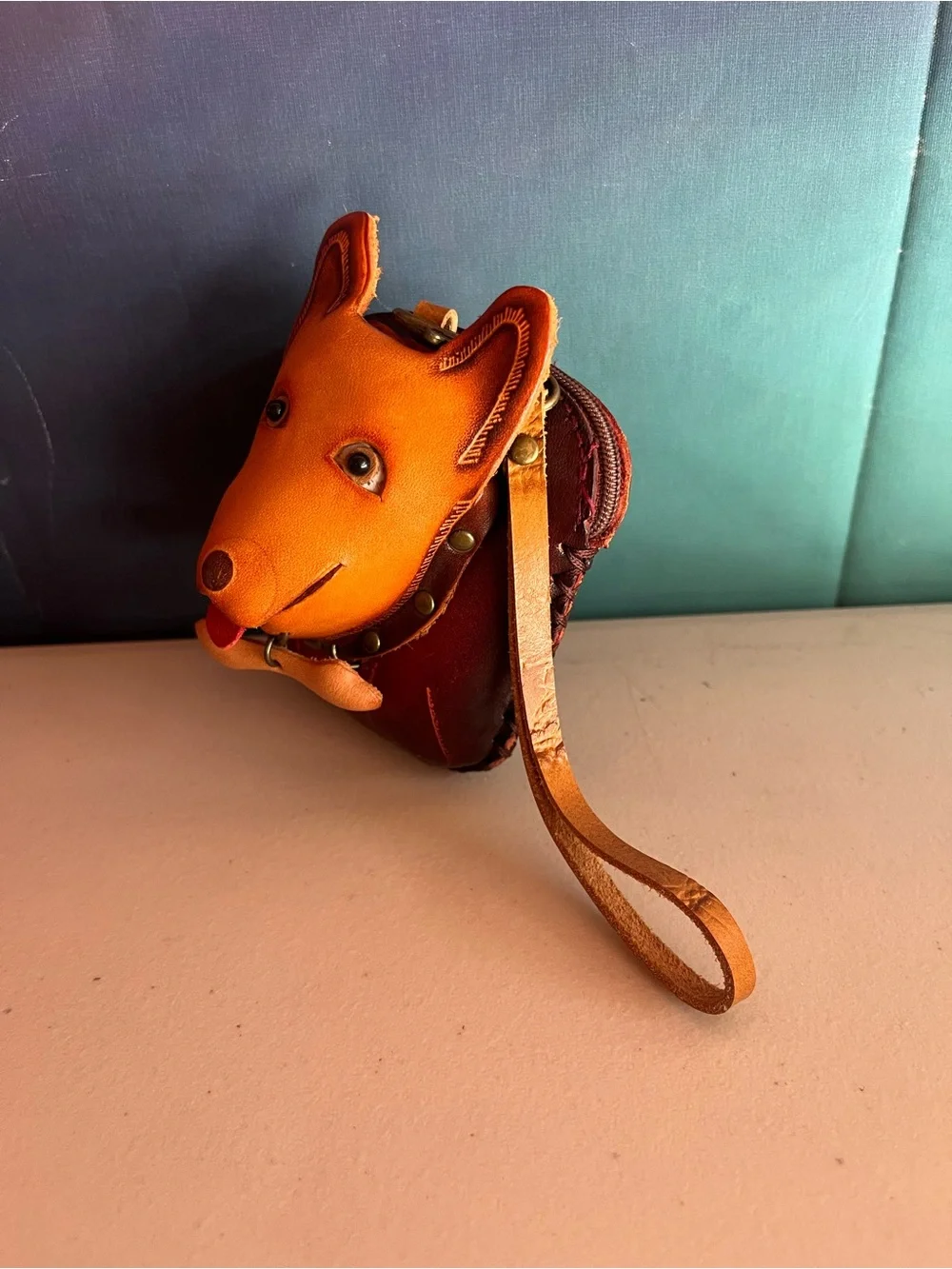 Handcrafted Tan & Brown Leather Dog Face Change Bag - Cute Pet Design